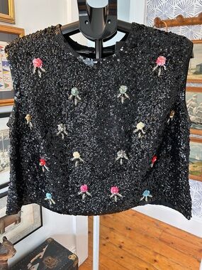 Women’s Vintage Black Sequin Floral Embellished Crop Top Size L/XL